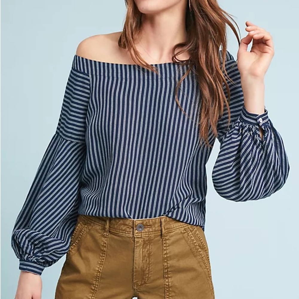 Anthropologie Navy Striped Off-Shoulder Top